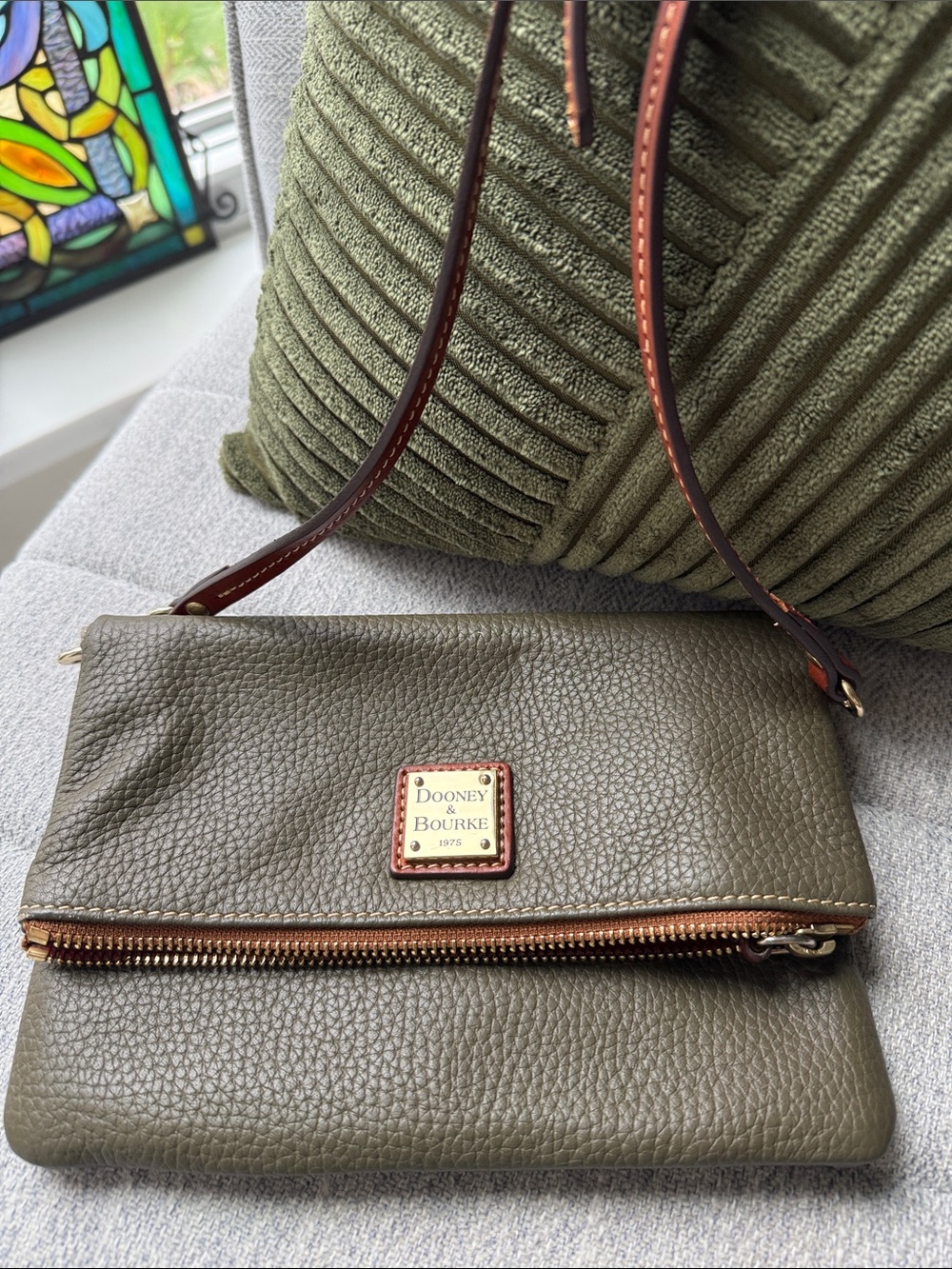 Dooney & Bourke Olive Pebbled Leather Crossbody with Brown Strap